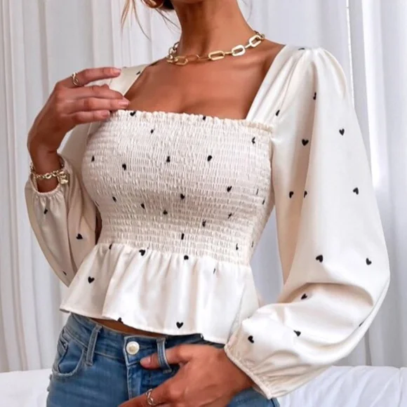 038 Boho Heart print Square Neck Peplum Top Cream - Picture 3 of 5